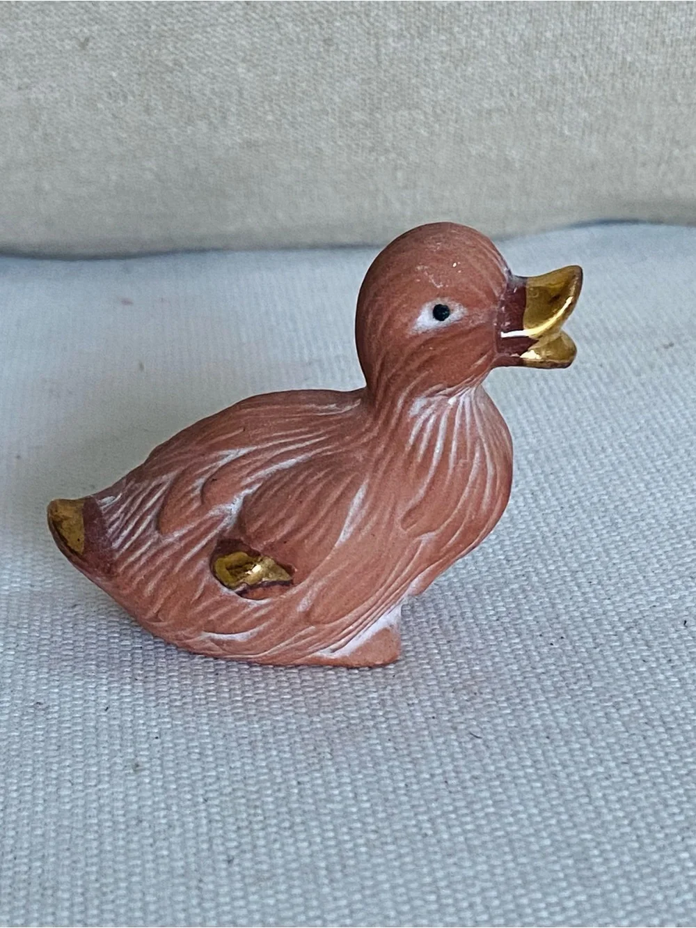 Vintage Terracotta Ceramic Duck Figurine Brown with Gold Trim